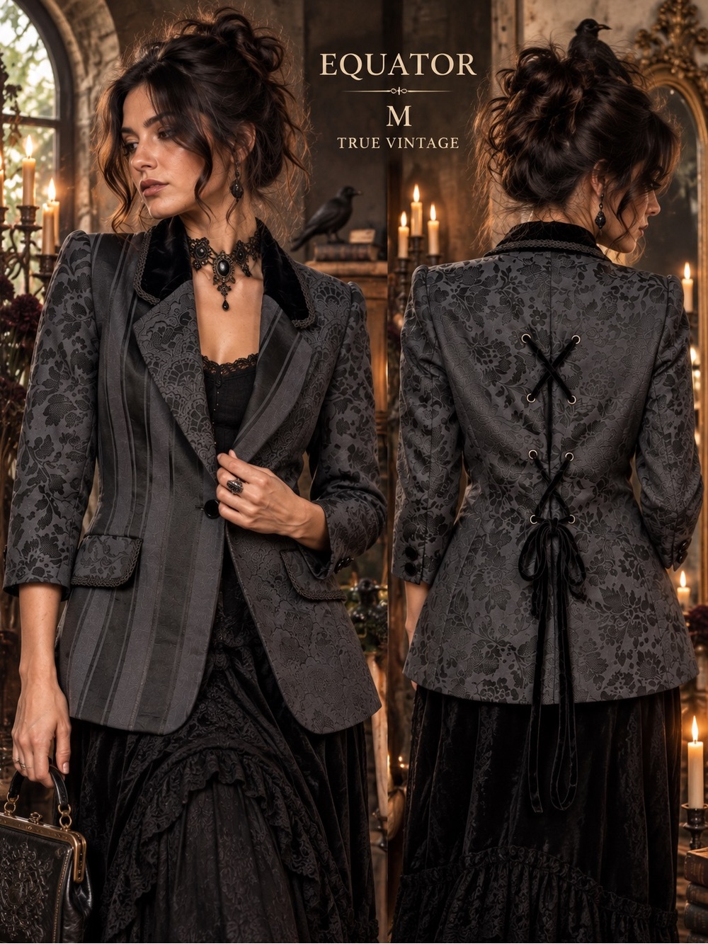 Equator Vintage 80s 90s Gothic Victorian Damask Corset Back Blazer Womens medium